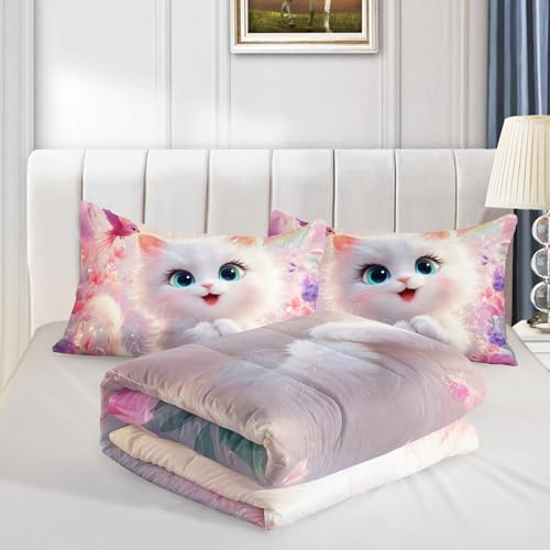 Kids Pink Cats Bedding Set Twin Size with 2 Pillowcases.
