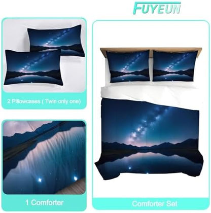 Galaxy Comforter Set Twin Size Space Bedding for Kids Girls Boys Water Lake Night Stars Moon Bedroom Decor Quilt Bed Sets, 1 Comforter 1 Pillowcase