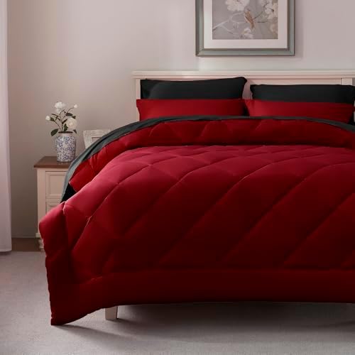 ELNIDO QUEEN® Full Size Bed in a Bag 7 Pieces - Red and Black Bed Comforter Set Full Size, All Season Bedding Sets with Reversible Comforter, Flat Sheet, Fitted Sheet, Pillowcases and Pillow Shams