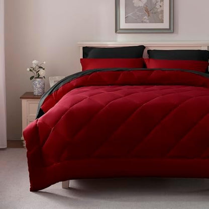 ELNIDO QUEEN® Queen Comforter Set 7 Pieces, Red and Black Bed in a Bag Queen Size, Bed Set All Seasons Bedding Sets with Reversible Comforter, Flat Sheet, Fitted Sheet, Pillowcases and Pillow Shams