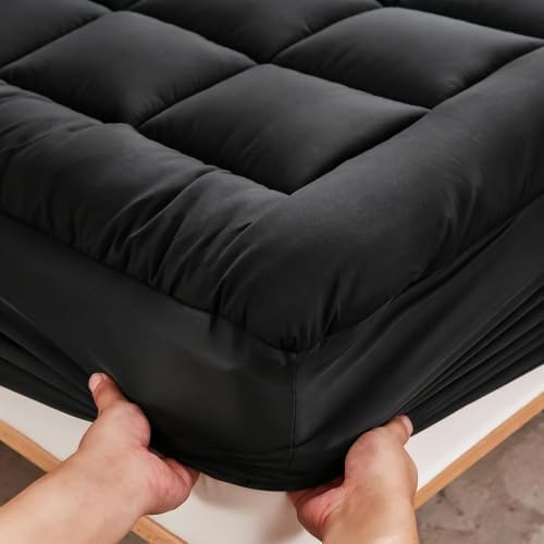 Mattress Pad Cover with Stretches to 18” Deep Pocket Fits Up to 8”-21” Cooling Bed Topper,Soft and Breathable Mattress Protector Cover (Black, Twin)