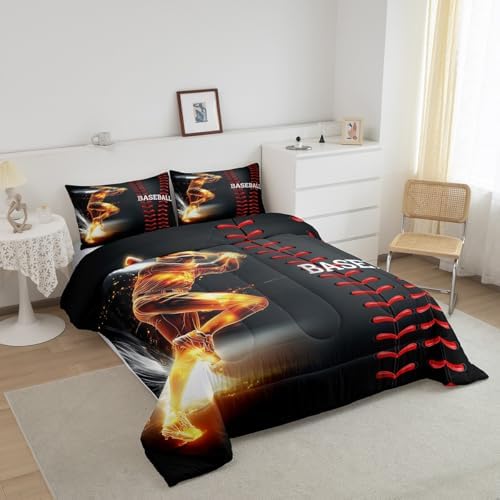 Erosebridal Baseball Bedding Set, Golden Athlete Comforter Set Queen Size, Sports Games Down Comforter for Kids Boys Girls Bedroom, Glitter Outer Space Duvet Insert for Living Room