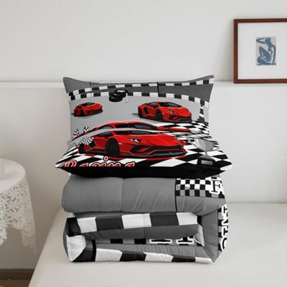 Feelyou Boys Sports Car Comforter Set King Size Red Speed Race Car Bedding Set for Kids Boys Girls Racing Extreme Sports Duvet Quilt Automobile Bedroom Decor Microfiber 3 Pcs with 2 Pillow Cases