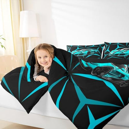 Castle Fairy Teal Speed Race Car Queen Size Comforter Set,Extreme Sport Theme Abstract Geometric Lines Duvet Insert for Kids Teens Adults,Racing Car Bedding Comforters for Bedroom Decor,3 Pcs
