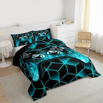 Teal Gaming Comforter Set for Boys - Neon Geometric Toddler Bedding Set with 3D Geometric Kids Comforter, Flame Gaming Consoles Decor