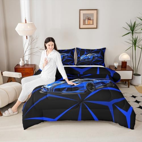 Castle Fairy Blue Race Car Bedding Set with 2 Pillowcases,Abstract Geometric Line Theme Comforter Set for Teens Adult Room,Extreme Sport Theme Racing Car Ultra Soft Bedding Set King Size,3 Pcs