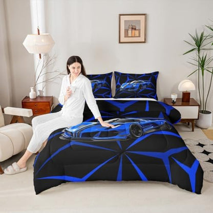 Castle Fairy Blue Race Car Bedding Set with 2 Pillowcases,Abstract Geometric Line Theme Comforter Set for Teens Adult Room,Extreme Sport Theme Racing Car Ultra Soft Bedding Set King Size,3 Pcs