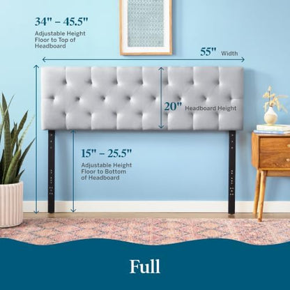 Lucid Mid-Rise Upholstered Headboard - Diamond Tufted - Padded Polyester - Adjustable Height from 34” to 46” - Easy Assembly - Bed Frame or Wall Mount - Sturdy - Stone - Full / Full XL Size
