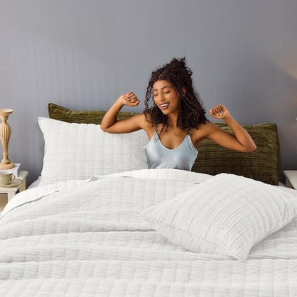 Wonderful Corduroy Texture Ivory Quilt Set Queen - Hypoallergenic Skin-Friendly Soft Plush Velvety Touch Bedspread, Classic Vertical Striped Lightweight Coverlet for All Season, 106"x94"