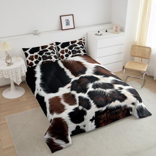 Cow Print Bedding Set for Adult Women Cowboys Black and White Highland Cow Print Comforter Set Africa Wild Animal Funny Bull Cattle Cow Fur Print Down Comforter Western Room Decor, Twin Size