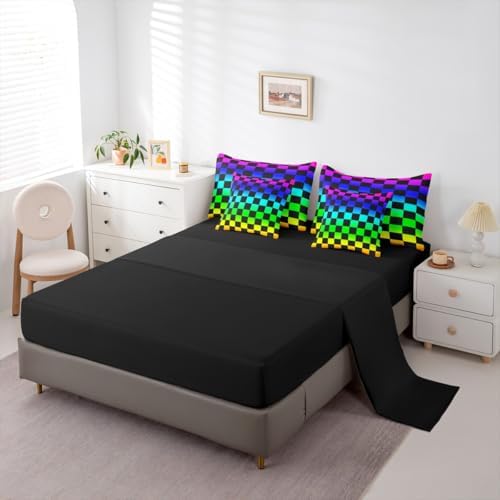 Multicolored Checkered Retro Comforter Set with Sheets 7 Piece Full Size Geometric Vintage Bed in a Bag Kids Boys Girls Colorful Bedding Set Modern Groovy Aesthetic Bedroom Decor Breathable Soft