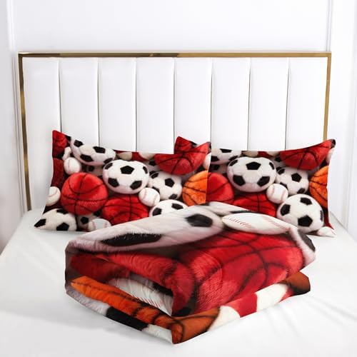 Soccer and Basketball Comforter Set Queen Bed for Boy Bedroom，Sports Bedding Set Queen for Kids，with 1 Comforter with 2 Pillow Case，Sports Themed Bedroom Decor for Teen Boys