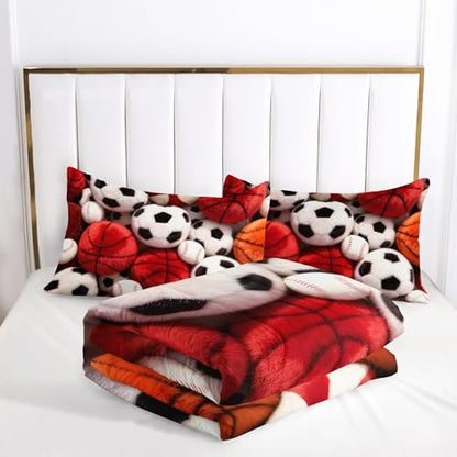 Soccer and Basketball Comforter Set Queen Bed for Boy Bedroom，Sports Bedding Set Queen for Kids，with 1 Comforter with 2 Pillow Case，Sports Themed Bedroom Decor for Teen Boys