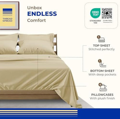 THREAD SPREAD California King Bed Sheets, Luxury 1000 Series Paradise Collection 100% Egyptian Cotton Cal King Sheets Set (6 PC, Sand), Soft, Cooling, Sateen, 16" Deep Pocket Hotel Sheet Set
