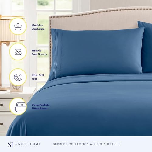 1800 Supreme Collection - Breathable Luxury California King Sheet Set with Full Elastic & Secure Corner Straps Built In - Cal King Deep Pocket Denim Bedding Set