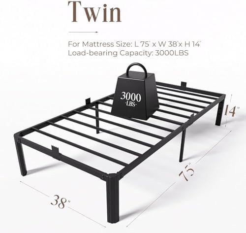 Twin Metal Bed Frame 14 Inch, Heavy Duty Platform, No Box Spring Needed