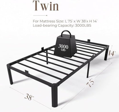 Twin Metal Bed Frame 14 Inch, Heavy Duty Platform, No Box Spring Needed