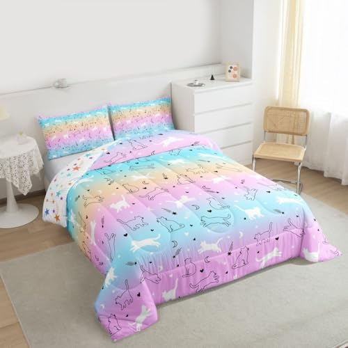 Kids Cute Cat Comforter Set - Full Gradient Line Bedding for Boys & Girls - Lovely Cartoon Pet Cats, Kawaii Kitten Print Duvet Insert, Animal Themed Design Quilt