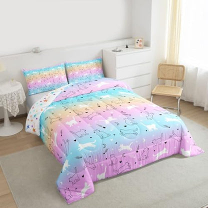 Kids Cute Cat Comforter Set - Full Gradient Line Bedding for Boys & Girls - Lovely Cartoon Pet Cats, Kawaii Kitten Print Duvet Insert, Animal Themed Design Quilt