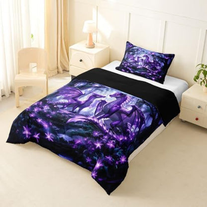 Feelyou Dragon Bedding Set Soft for Boys Girls, Magical Beast Comforter Set Twin Size Jungle Duvet Quilt Microfiber Wild Animal Bedroom Decor Fantasy Animal 2 Pcs with 1 Pillow Cases