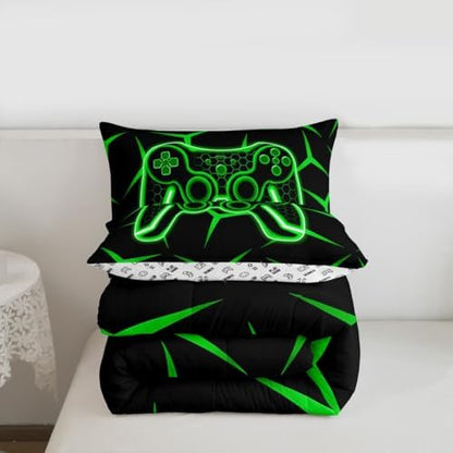 Feelyou Gamer Bedding Set Full Size Gaming Duvet Quilt for Kids Teens Adults Game Controller Comforter Set Geometric Gamepad Green Room Decor 3Pcs with 2 Pillow Case