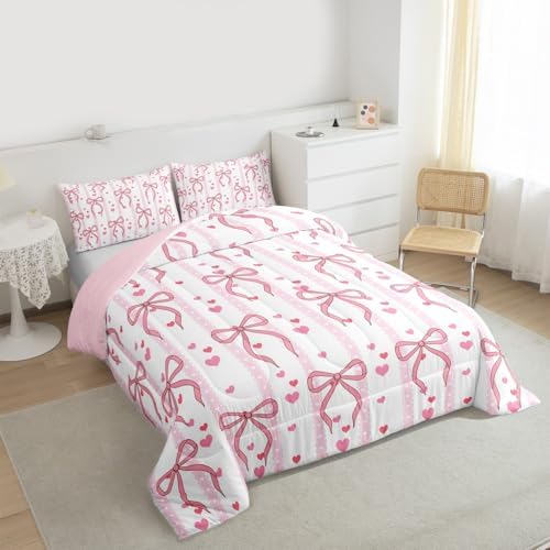 Castle Fairy Cute Pink Bows Comforter Set with 2 Pillowcases,Dreamy Princess Style Super Soft Microfiber Bedding Set for Adults Teens,Romantic Pink Ribbon Duvet Set for Room Decor,King
