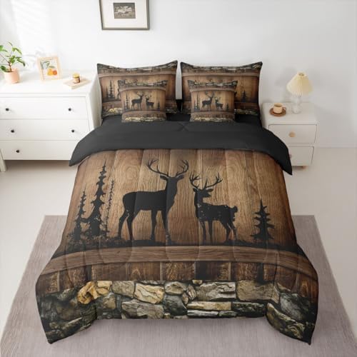 Erosebridal 7 Piece Hunting Deer Queen Size Comforter Set Rustic Cabin Western Bedding Sets with Sheets | Woodland Wildlife Print Bed in A Bag for Kids Adults Farmhouse Wooden Stone Decor Bed Set