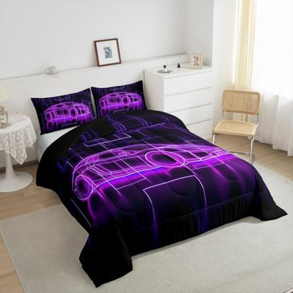 Feelyou Kids Boys Race Car Comforter Set,Extreme Sports Car Bedding Set Full Size,Boys Bedroom Room Decor,Racing Car Comforter,Geometric Purple Black Speed Luxury Car Bed Set for All Season