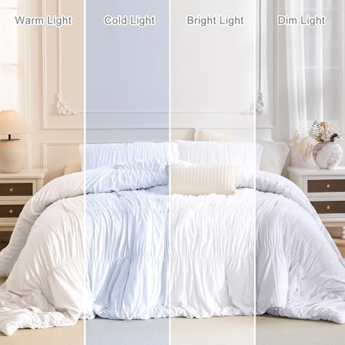 Masaca White Oversized King Comforter Set 120x120,Ruched Ruffle California King Bed Comforter Set Shabby Boho Chic Microfiber Extra Large Bedding Comforter 3PCS
