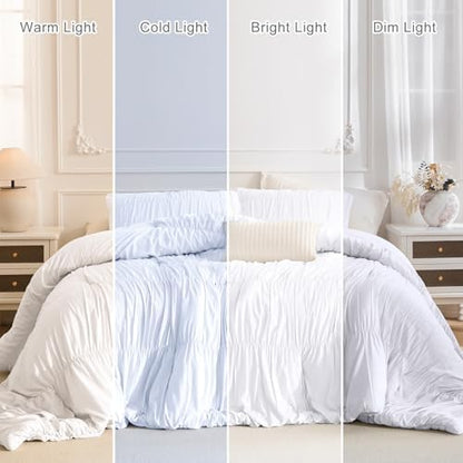 Masaca White Oversized King Comforter Set 120x120,Ruched Ruffle California King Bed Comforter Set Shabby Boho Chic Microfiber Extra Large Bedding Comforter 3PCS
