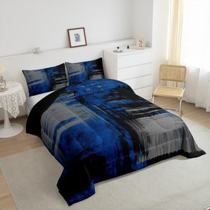 Kids Blue Grey Black Bedding Set King Size Abstract Duvet Quilt for Boys Girls Teens Bedroom Decor Geometric Comforter Set Breathable Soft Lightweight Microfiber Women Men Modern With 2 Pillow Case
