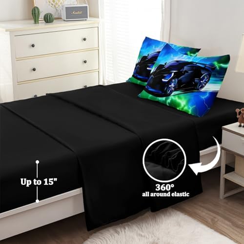 5 Pcs Car Comforter Sets for Boys, Cool Blue Green Lightnings Bed in A Bag Full Size Car Bedding Set for Boys Teens