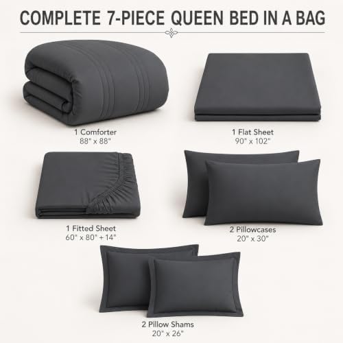 Queen Comforter Set, 7-Piece Bed in a Bag Queen Dark Grey