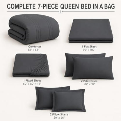 Queen Comforter Set, 7-Piece Bed in a Bag Queen Dark Grey