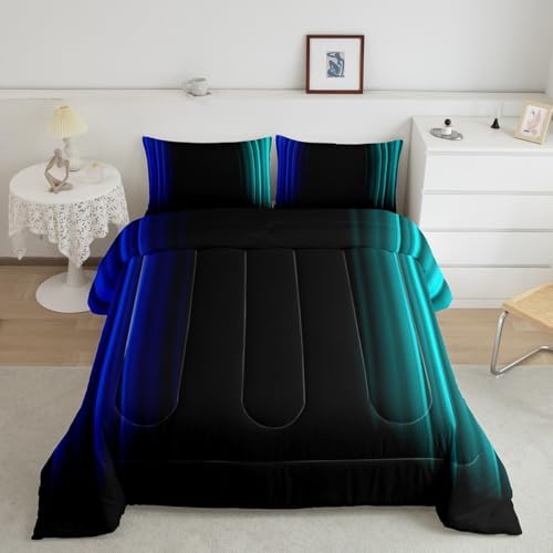 Feelyou Teens Abstract Ombre Decorations Bedding Set for Kids Women Blue Teal and Black Comforter Set Geometric Modern Quilt Set Room 2Pcs Twin Size