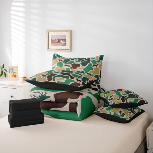 Erosebridal Deer Hunting Camo Bedding Set Twin Forset Wildlife Camouflage Comforter Set 7 Piece Beige Brown Green Camo Bed in A Bag for Kids Farmhouse Animal Quilt with Flat Fitted Sheet