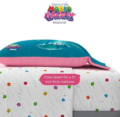 The Super Mario Galaxy Movie Bedding Set, Twin Size 5 Piece Set Kids Super Soft Cozy Reversible Comforter and Sheet Set with Sham, Princess Peach (100% Officially Licensed Product) by Franco