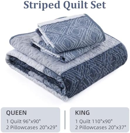 Cottolester Mineral Blue Queen Quilt Set,3 Pcs Boho Striped Plaid Bedspread