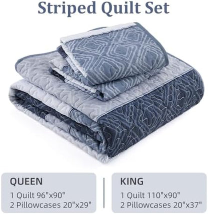 Cottolester Mineral Blue Queen Quilt Set,3 Pcs Boho Striped Plaid Bedspread