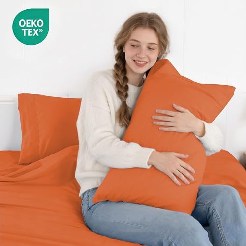 ROSE&RISY Burnt Orange Queen Sheet Set, Pre-Washed Cotton-Like Brushed Microfiber, 4 Pcs Super Soft Breathable Cooling Bed Sets,Includes 1 Fitted, 1 Flat, 2 Pillowcases(Burnt Orange, Queen)