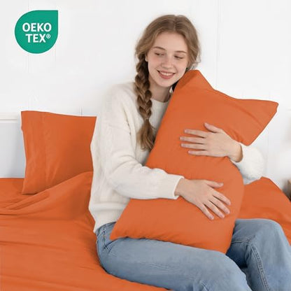 ROSE&RISY Burnt Orange Queen Sheet Set, Pre-Washed Cotton-Like Brushed Microfiber, 4 Pcs Super Soft Breathable Cooling Bed Sets,Includes 1 Fitted, 1 Flat, 2 Pillowcases(Burnt Orange, Queen)