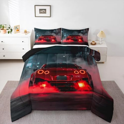 Erosebridal Red Race Car Comforter King Size for Kids Teens Adults,Extreme Sports Gaming Bedding Set,Cool Red Speed Car Duvet Insert,Red Black Quilt Bedroom Decor