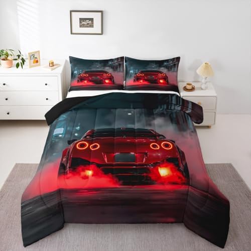 Erosebridal Red Race Car Twin Comforter Set for Kids Boys Girls,Extreme Sports Gaming Bedding Set,Cool Red Speed Car Duvet Insert,Red Black Bed Set for All Season