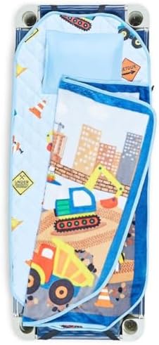 EVERYDAY KIDS Cute Preschooler and Toddler Cot Nap Mat for Home, Daycare, Preschool and Kindergarten; Easy to Roll Sleeping Mat with Elastic Straps, Pillow and Blanket