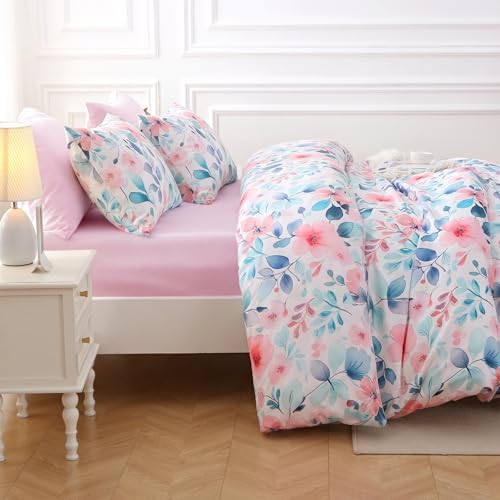MUXHOMO Pink Blue Branch Full Comforter Set, Elegant Floral Print Bed in a Bag 7 Pieces, Ultra Soft & Breathable Reversible Botanical Pattern Bedding Set with Comforter, Sheets, Pillowcases, and Shams