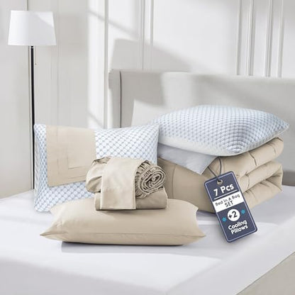 Nestl 7 Piece Twin Comforter Set – Beige Reversible Bed in a Bag – Complete Twin Size Bedding Set with Sheets, Set of 2 Cooling Pillows, Pillowcase and Sham