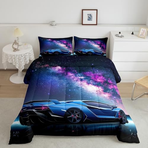 Feelyou Galaxy Car Comforter Set Blue Race Car Bedding Set for Kids Boys Girls Teens Universe Starry Sky Sports Car Comforter Extreme Sports Theme Design Quilt Set Room Decor 3Pcs Full Size