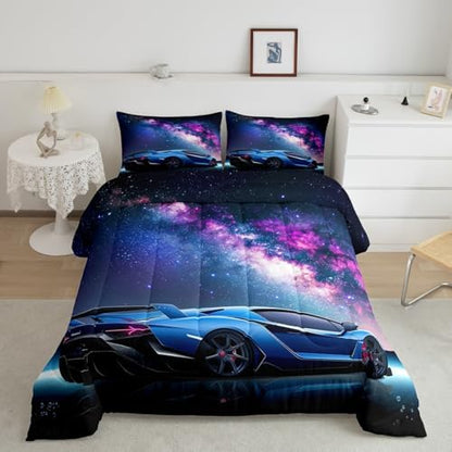 Feelyou Galaxy Car Comforter Set for Kids Boys Girls Teens - Blue Race Bedding With Universe Starry Sky Sports Theme Design - Extreme Sports Quilt Set Room Decor 2Pcs Twin Size