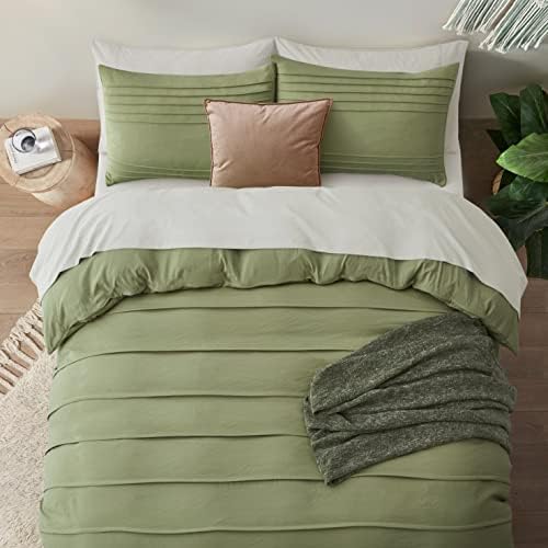 Oli Anderson 3PCS Pleated Duvet Cover Set, Sage Green, Queen