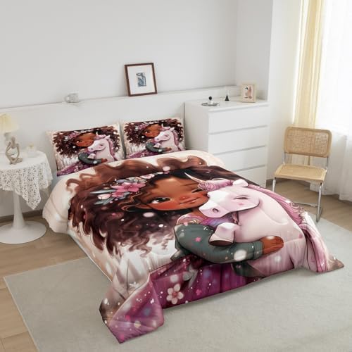 Manfei Girly Cartoon Kids Comforter Set Queen Size, Black Little Girl Unicorn Bedding Set for Girls Adult, Princess Unicorn Down Comforter, Cute African Style Americans Quilt Set, 2 Pillowcases